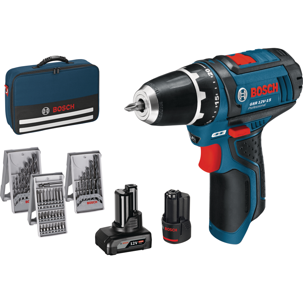 Bosch Akku-Bohrschrauber 12V GSR 12V-15 Set 1x2,0+1x4,0Ah + Zubehör