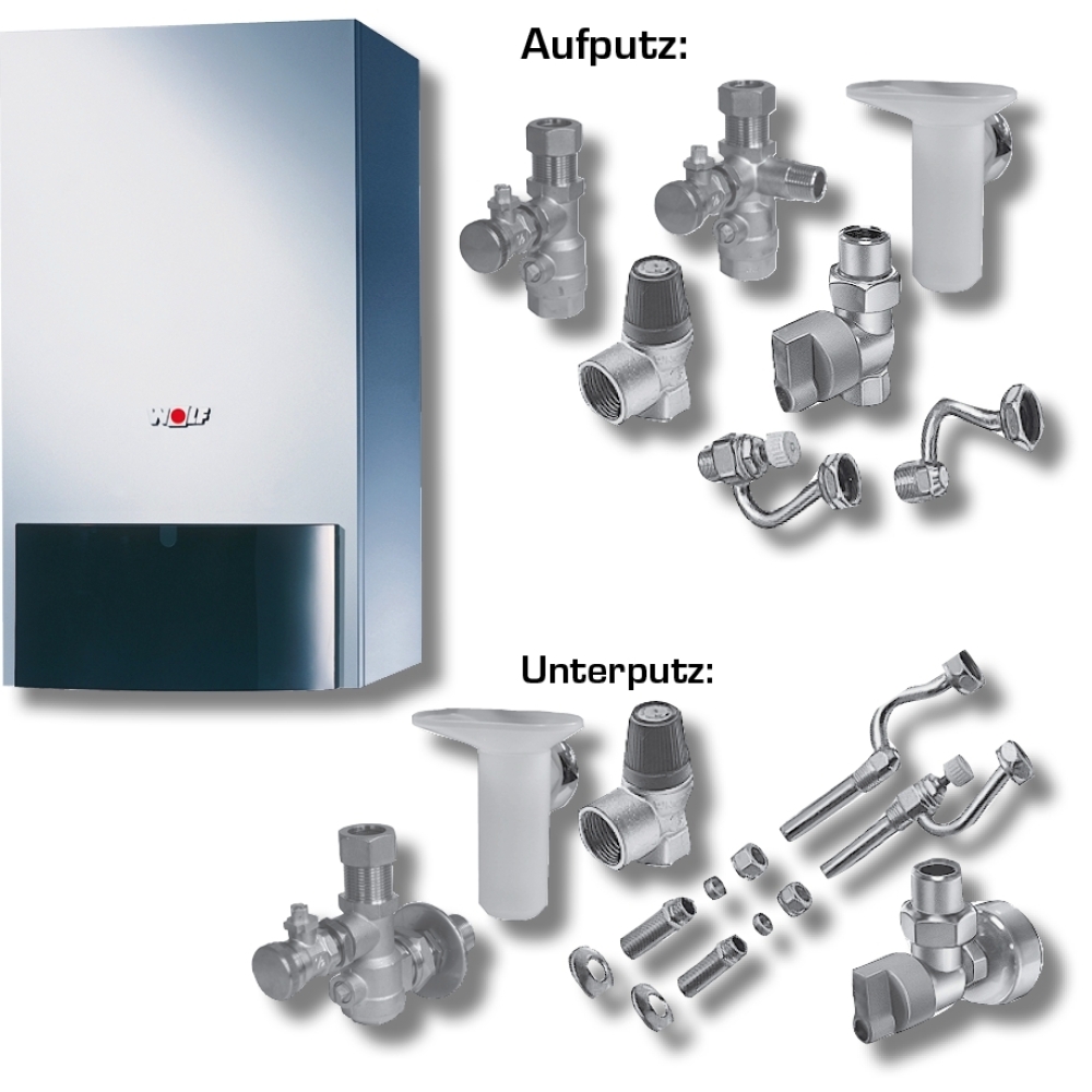 Wolf Paket Heizwerttherme CGU-2K-18 Erdgas LL, RM-2, Anschluss-Set Unterput