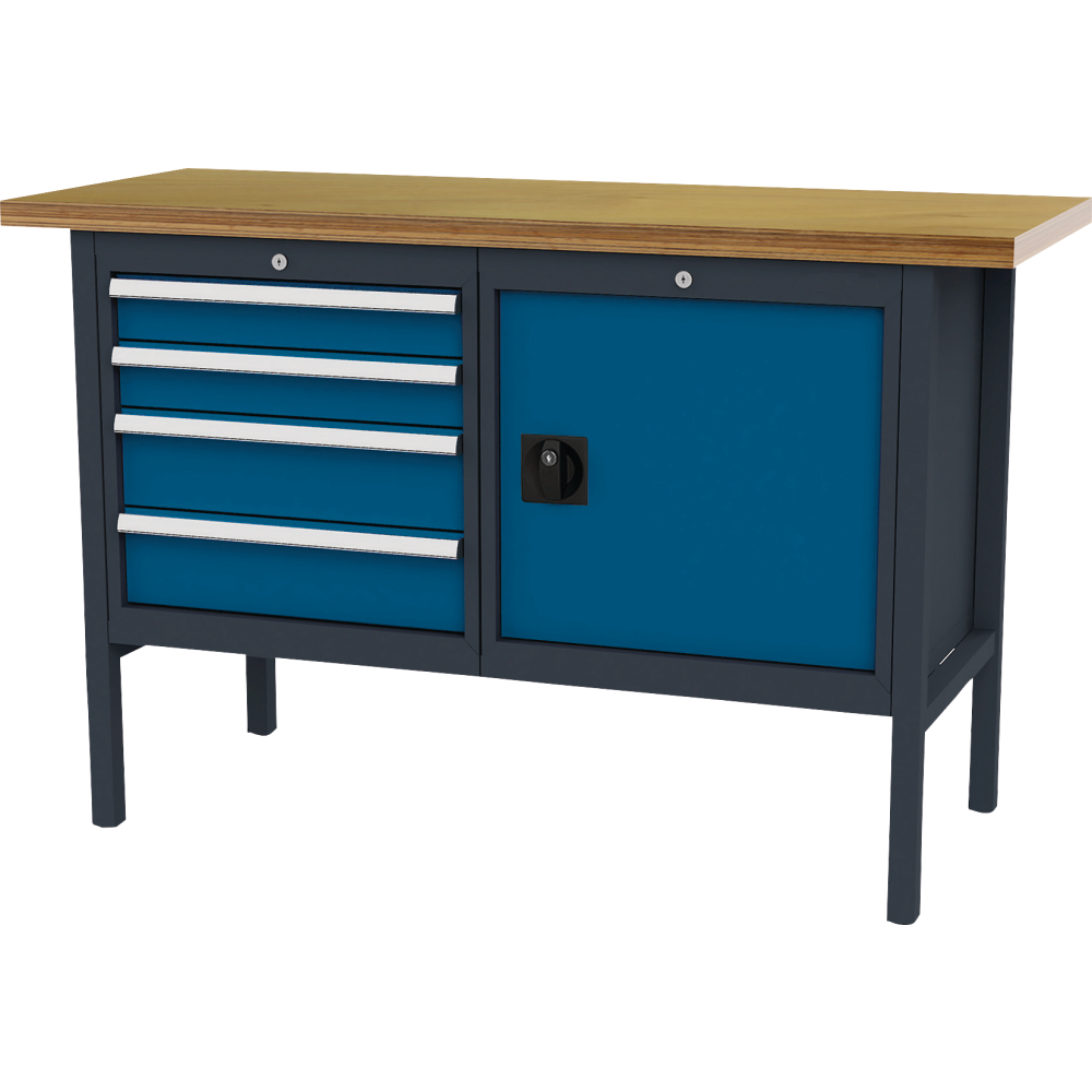 Kastenwerkbank B1500mm 4 Schubladen 1 Tür RAL7035/5010