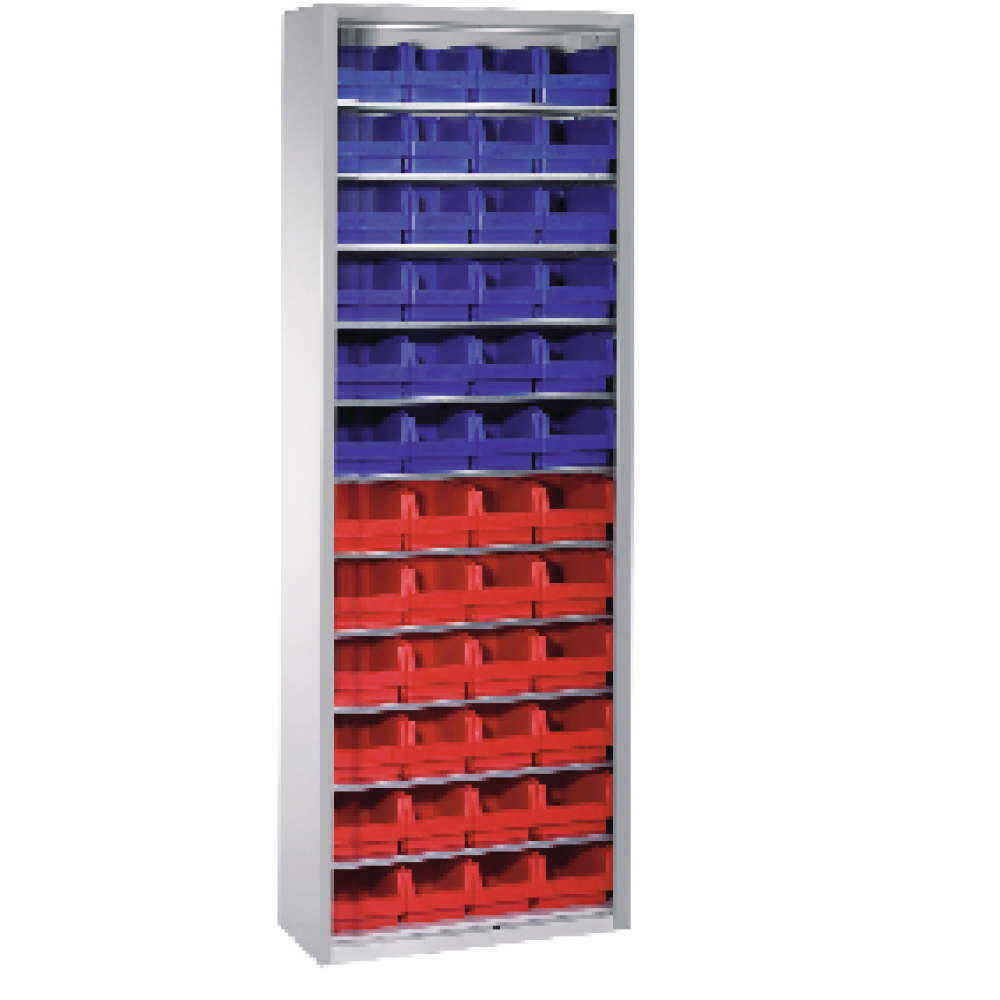 Lager-Regalschrank B700xT300xH1980 mm RAL 7035 ohne Türen 11 Fachböden, 48