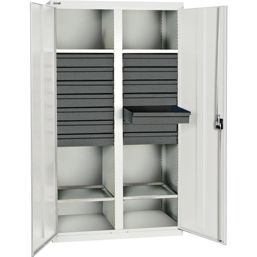 Werkzeugschrank S3000 RAL 7035/7016 2 Abt., 4 Wannenböden 14 Schubladen