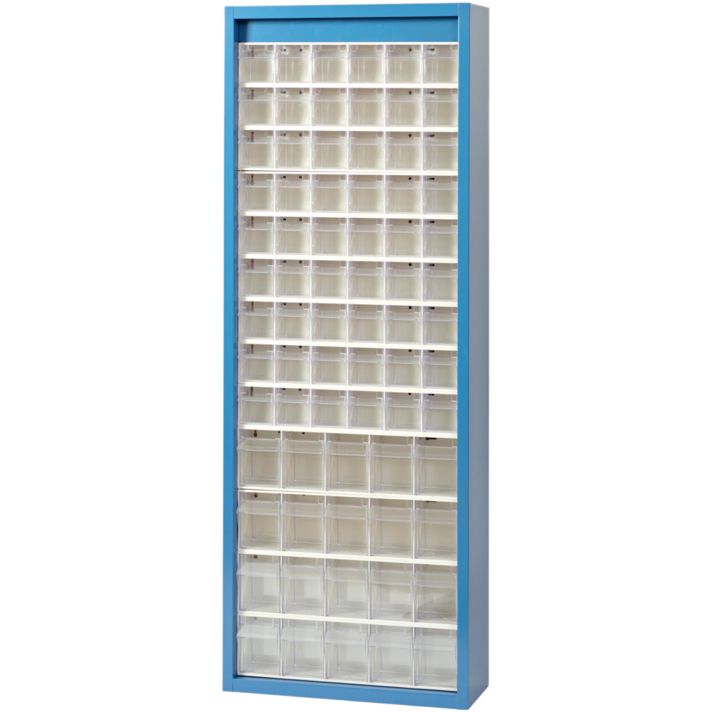 Klars.-System.-Schrank. RAL 5007, 74 Behälter
