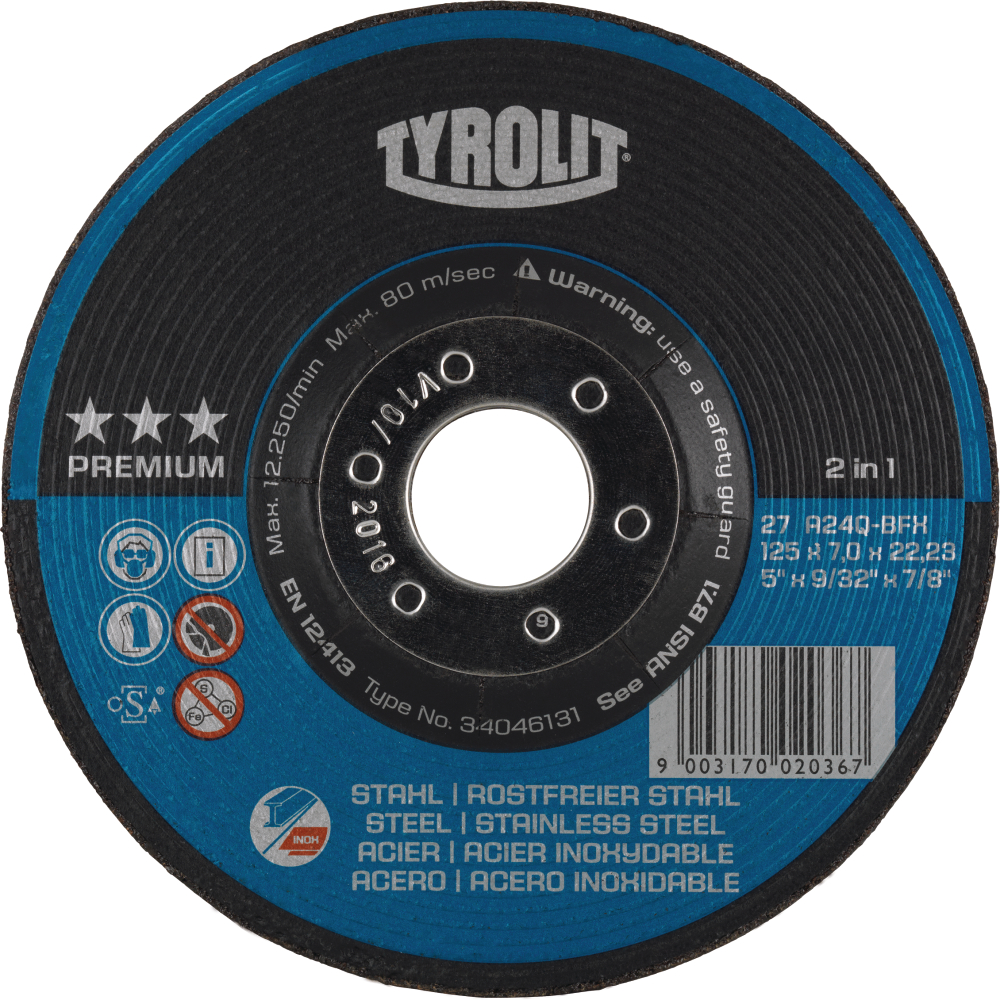 Tyrolit Schruppscheibe 125x7x22,23 mm A24Q PREMIUM Stahl/Inox
