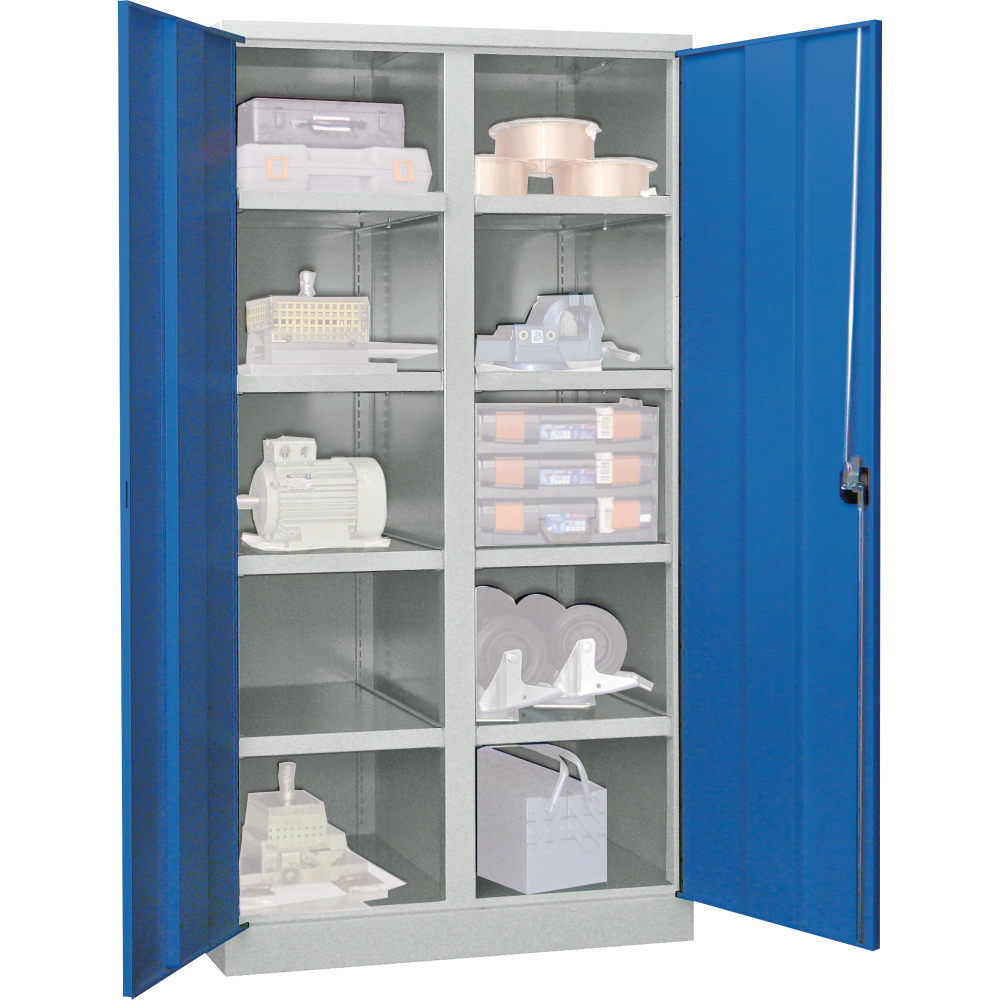 Schwerlastschrank 1950/630/1040 Drehg., mit Trennwand 6 Böden, 4 Schubladen