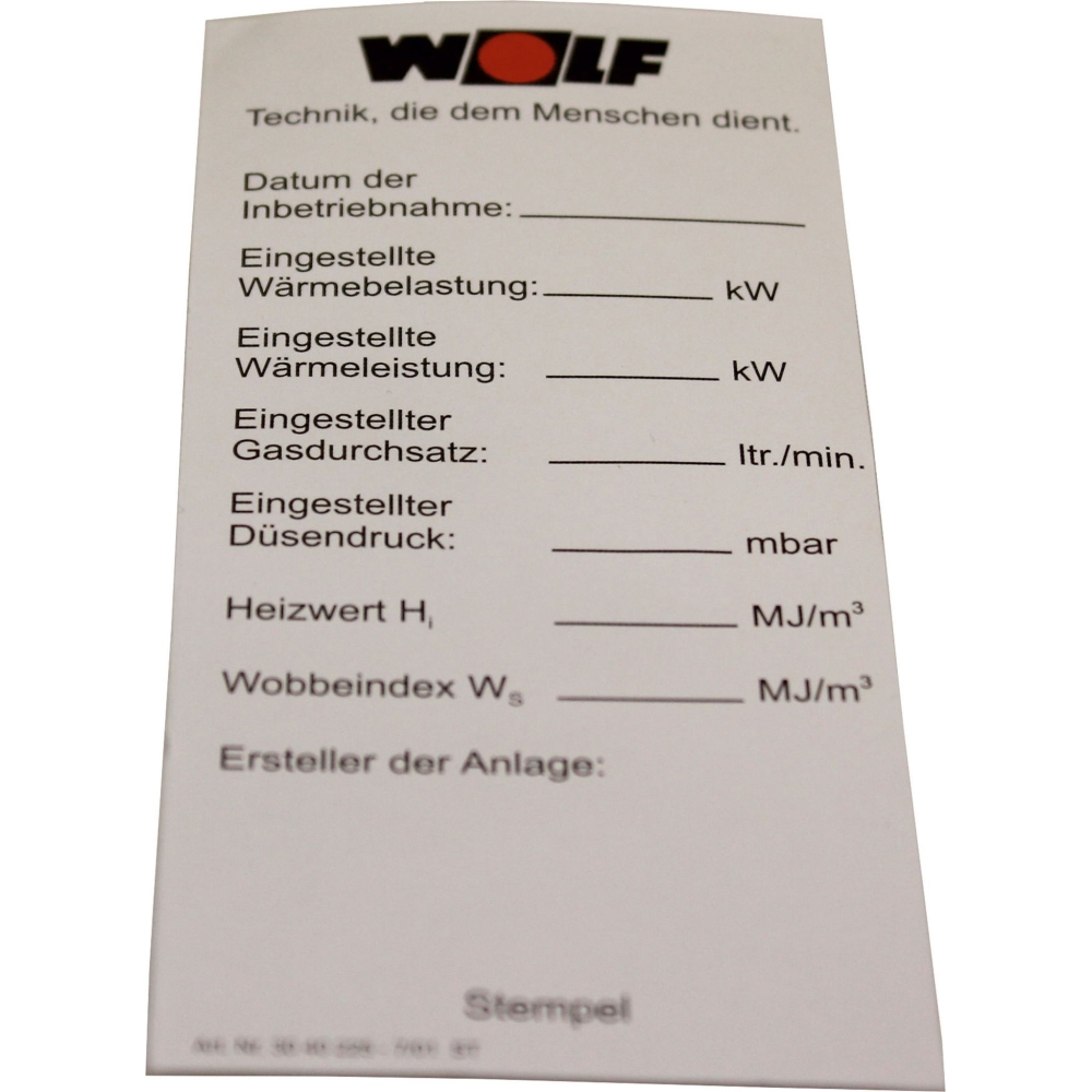 Wolf Aufkleber Einstellwerte für NG/GU/GG