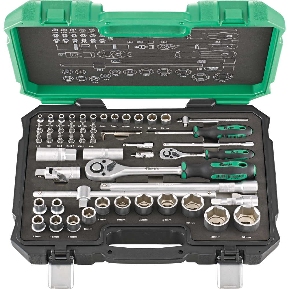 FORTIS Steckschlüssel-Garnitur 1/4"+1/2" 55-teilig