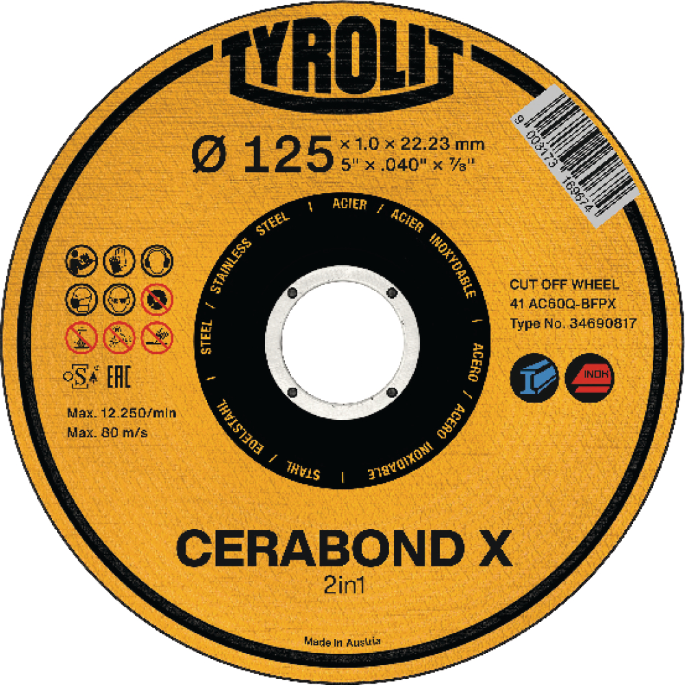 Trennscheibe CERABOND X 115 x 1,6 mm, gerade Stahl+INOX Tyrolit