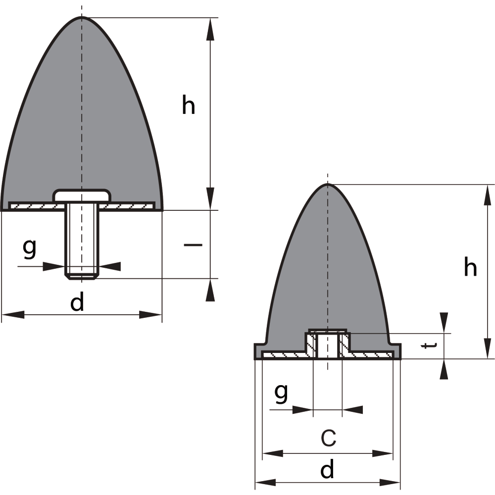 Gummi-Metall-Puffer parabelförmig Typ E D50xH67 M10 NR55