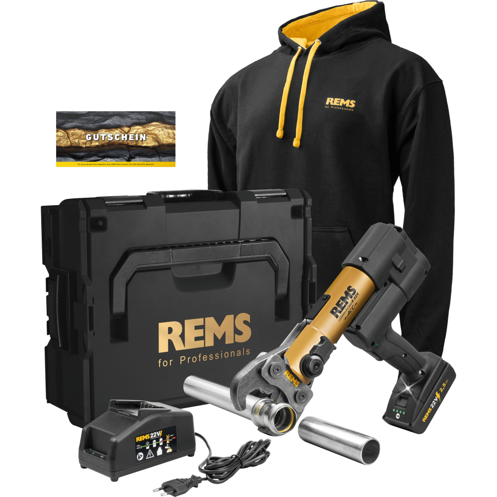 REMS Akku-Radialpresse E 22V ACC Gold Basic-Pack +Hoodie +Gutschein