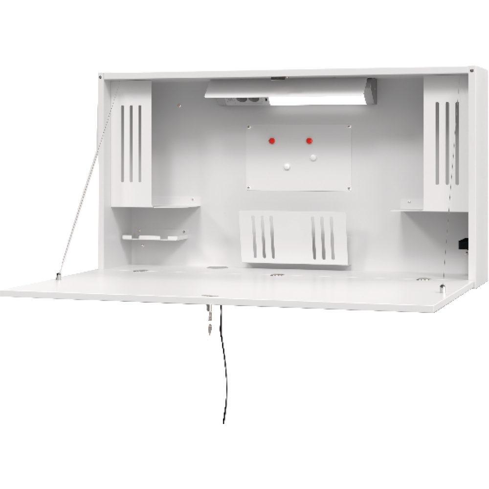 Wandschreibtisch B 120cm Weiß/Weiß 2xUSB, 2 Steckdosen, Magnettatfel,