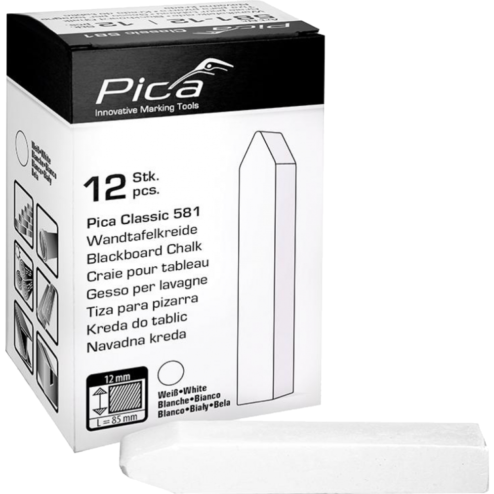 Tafelkreide PICA Classic weiß 12x12x85mm eckig angespitzt, unpapiert