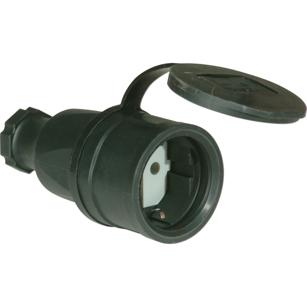 Schuko-Kupplung Gummi IP44 schw. m. Deckelband