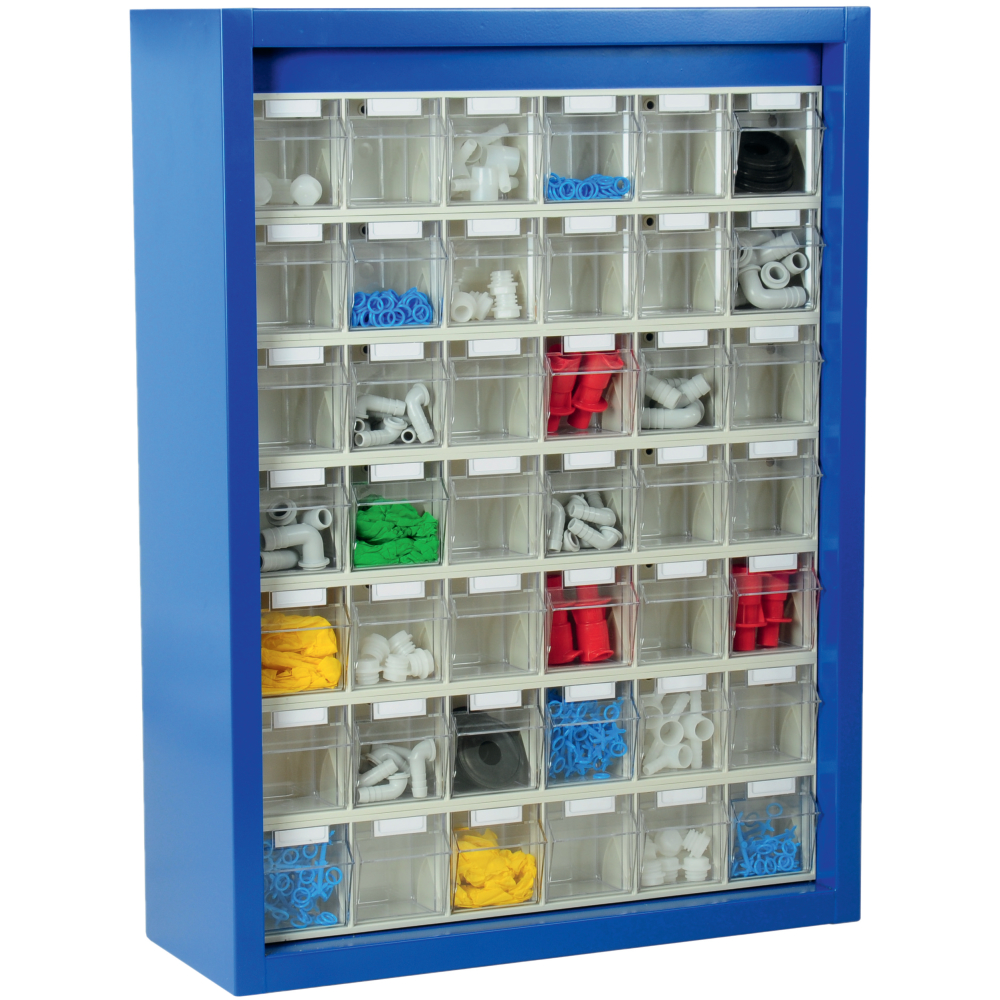 Klars.-System.-Schrank. RAL 5007, 42 Behälter