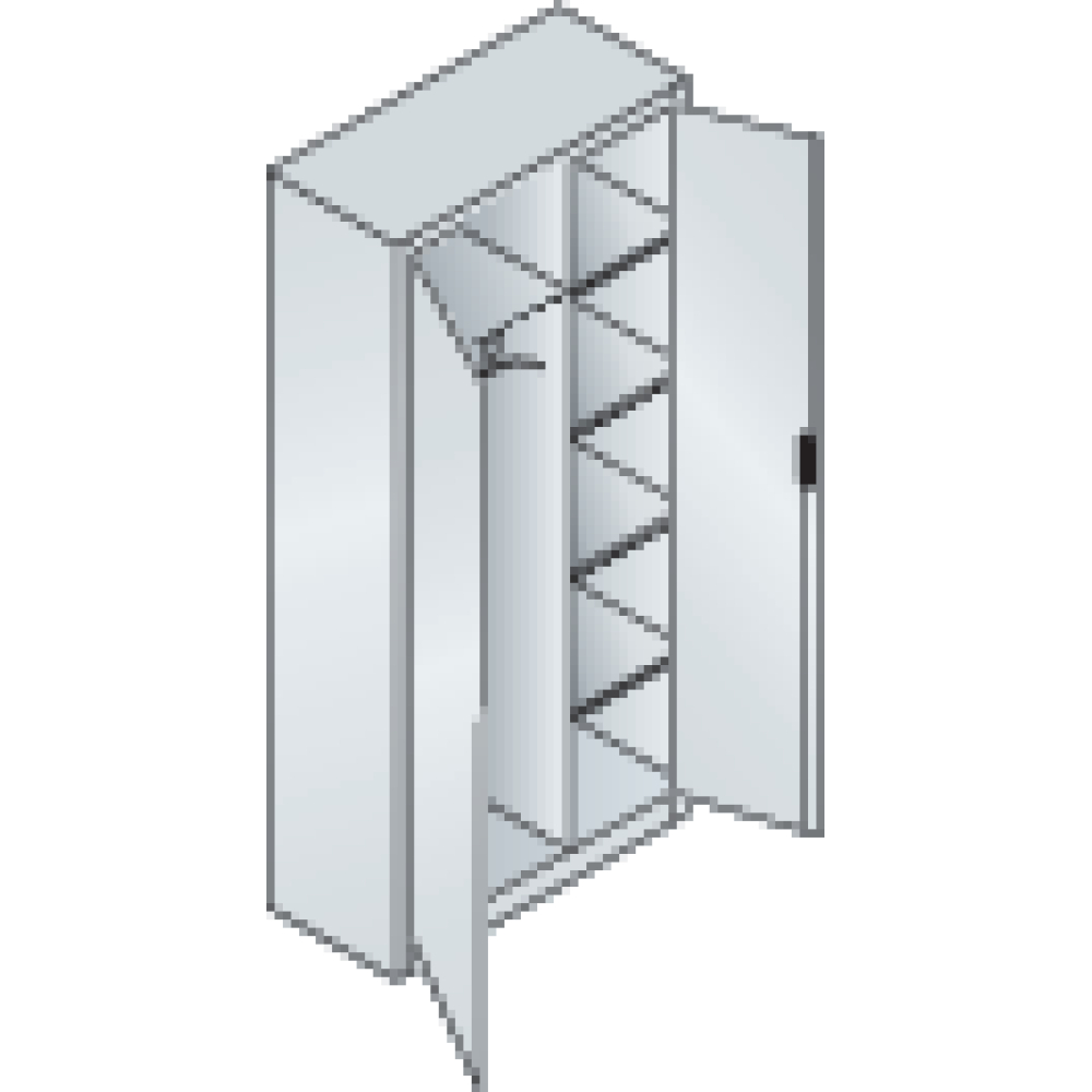 Flügeltürenschrank B930xT400xH1950 mm RAL 7035, 4 Fachböden mit Trennwand CP