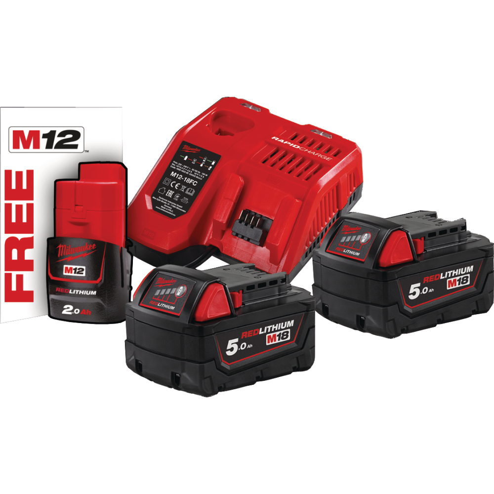 Milwaukee Akku-Starter-Set-18V M18 NRG-502 2x5,0Ah + M12-18FC