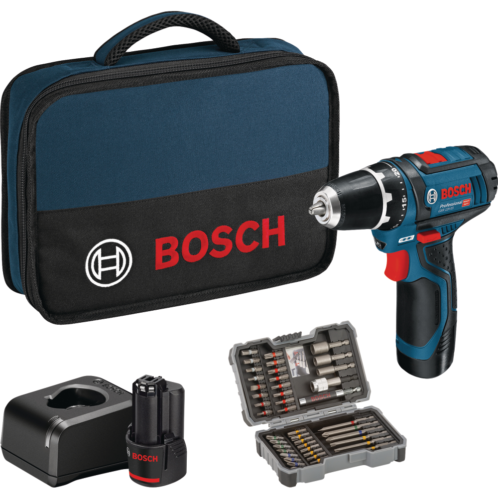 Bosch Akku-Bohrschrauber-Set 12V GSR 12V-15 13/30Nm 2x2,0Ah + 43-tlg. Bit