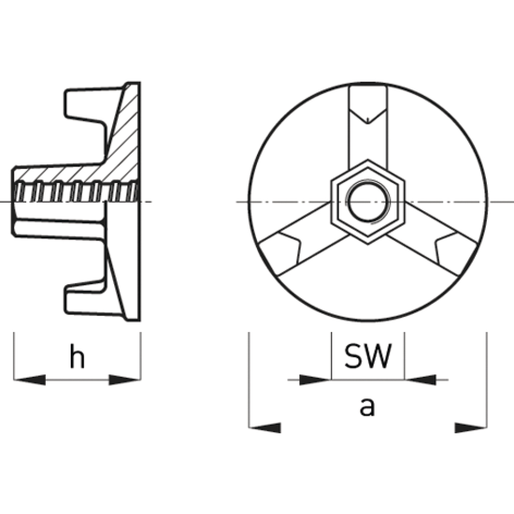 Flanschmutter 3-flg. D20,0 D=130mm verzinkt