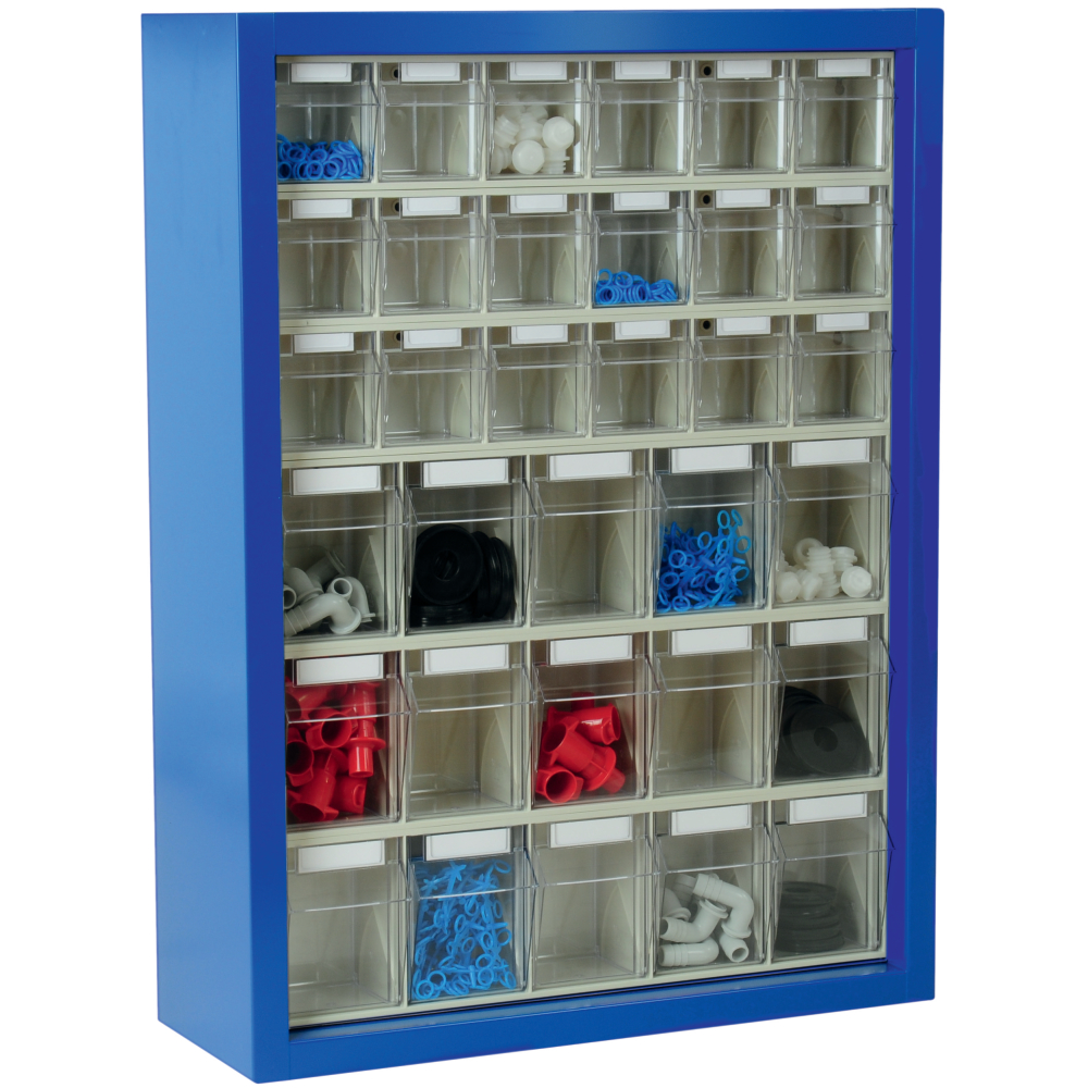 Klars.-System.-Schrank. RAL 5007, 33 Behälter
