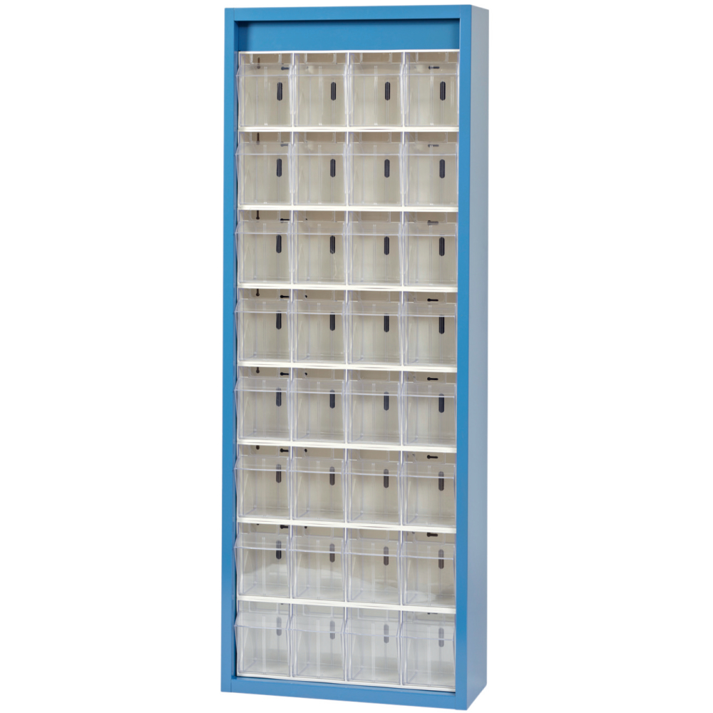 Klars.-System.-Schrank. RAL 5007, 32 Behälter