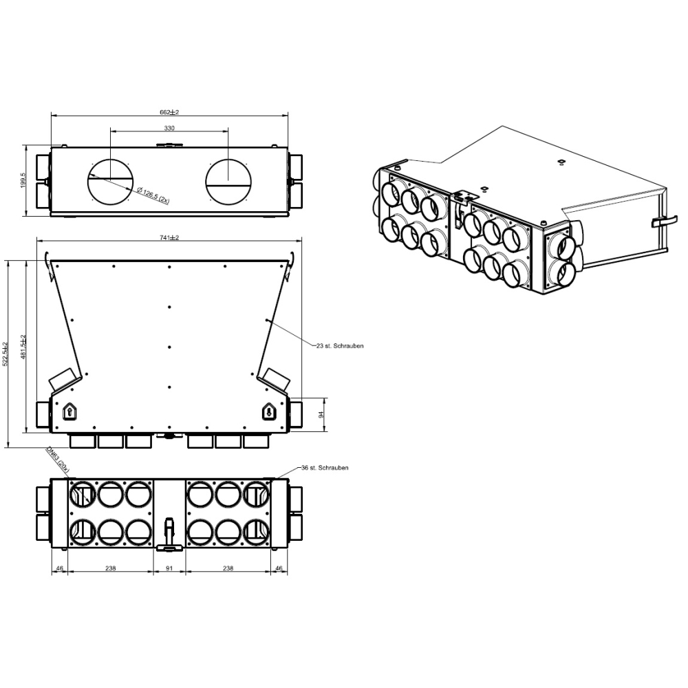 Wolf Luftverteiler DN125 für CWL-F-150 2x10 Stutzen DN63 mit je10 Rohrkappen