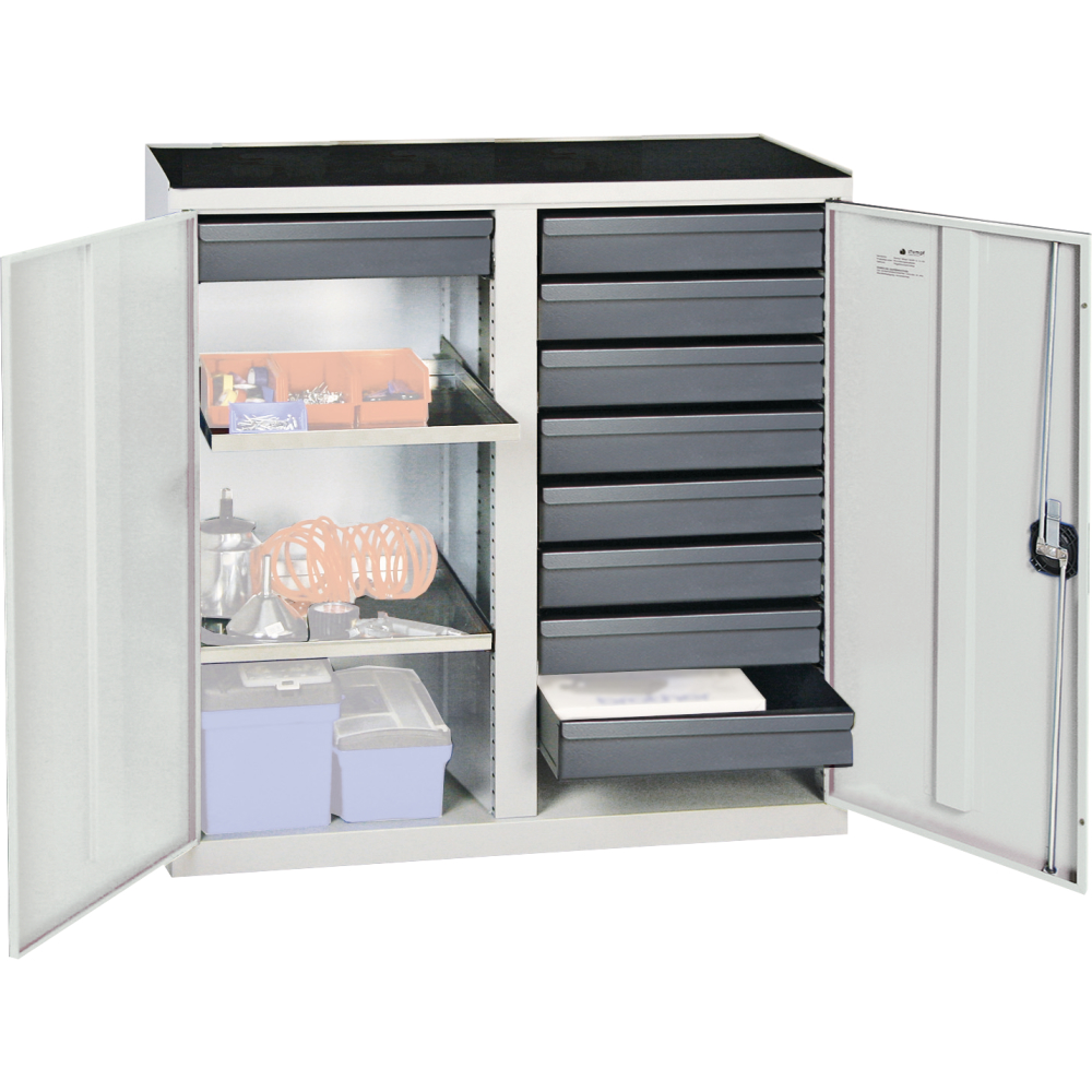 Werkzeugschrank S3000 RAL 7035/5010 2 Abt., 2 Wannenböden 9 Schubladen