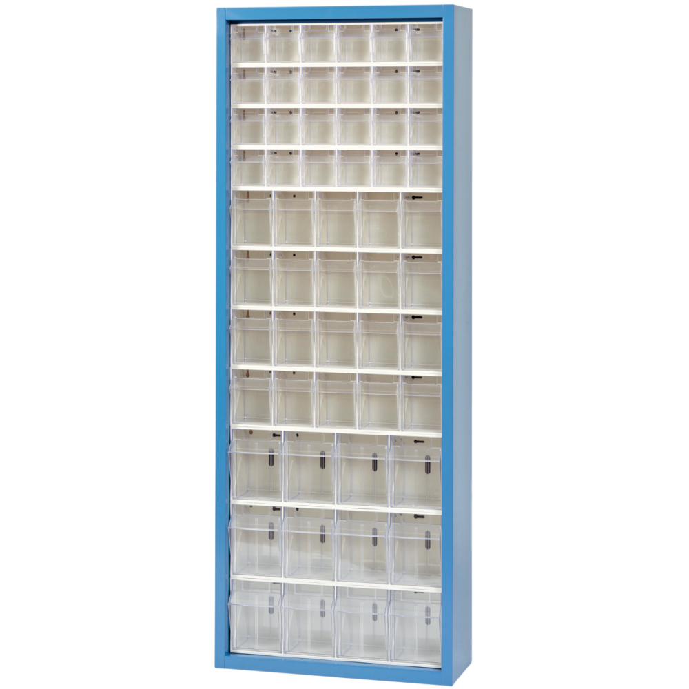 Klars.-System.-Schrank. RAL 5007, 56 Behälter