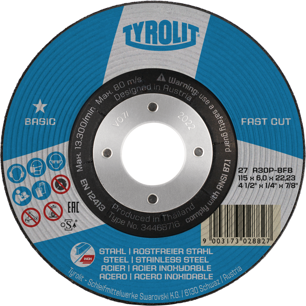Tyrolit Schruppscheibe FASTCUT 115x6x22,23 mm A30P BASIC Stahl/Inox