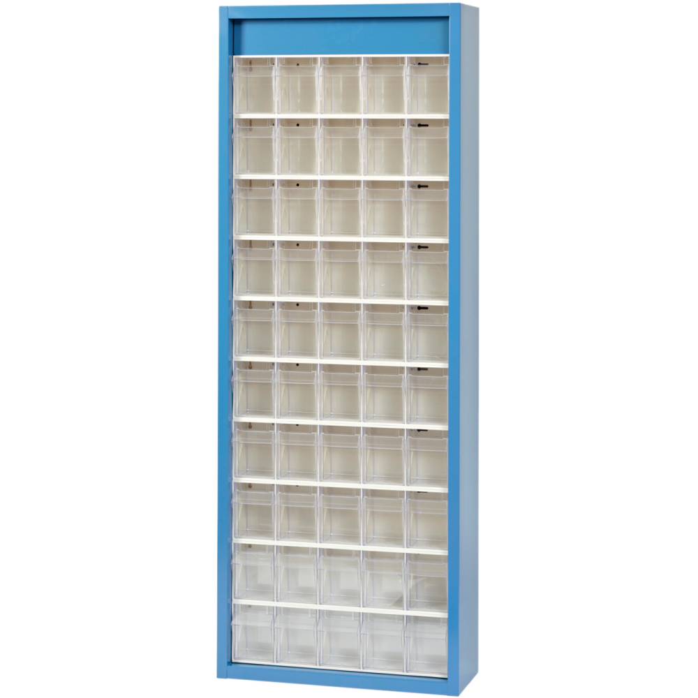 Klars.-System.-Schrank. RAL 5007, 50 Behälter