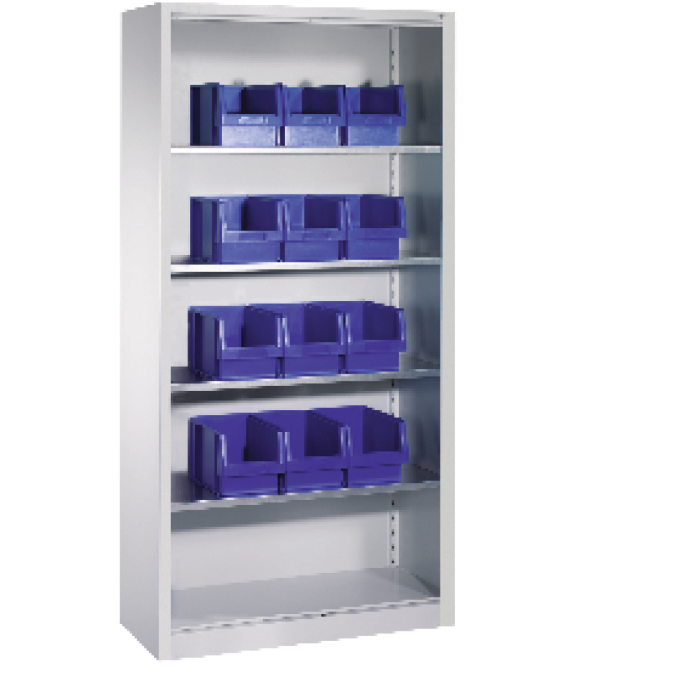 Lager-Regalschrank B1000xT300xH1980 mm RAL 7035 ohne Türen 4 Fachböden, 12