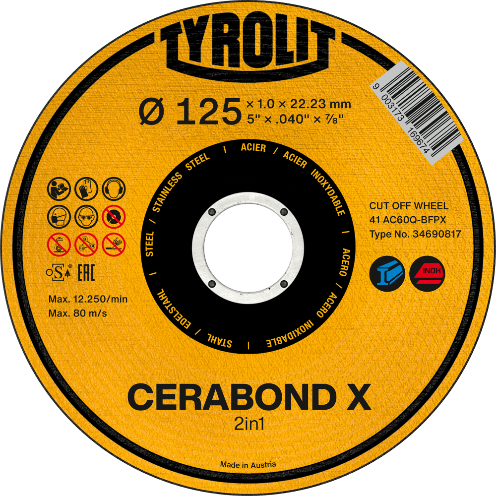 Tyrolit Trennscheibe CERABOND X gerade 125x1x22,23 mm CA60 Stahl/Inox