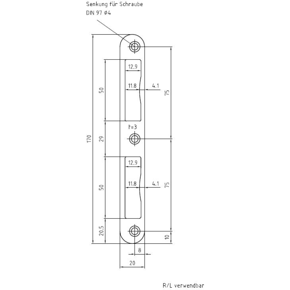 Zimmertürschließblech S01 schwarz 170x20mm