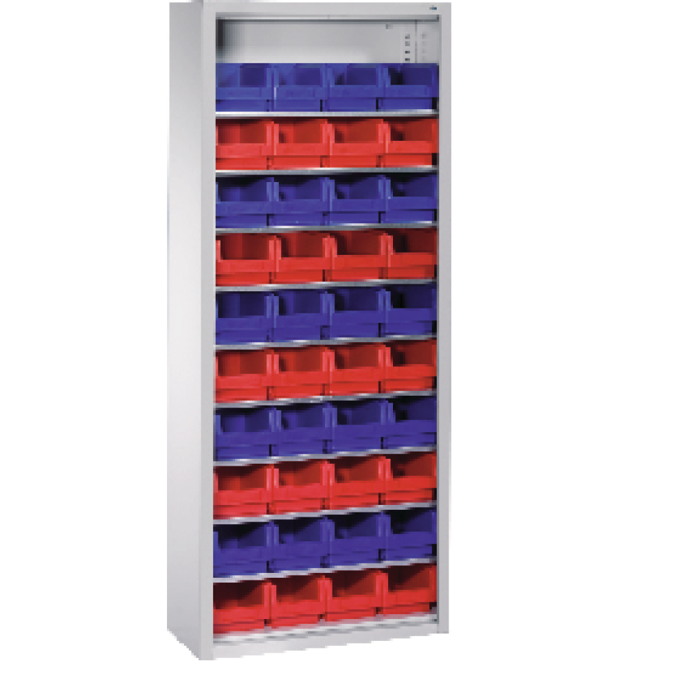 Lager-Regalschrank B700xT300xH1690 mm RAL 7035 ohne Türen 9 Fachböden, 40