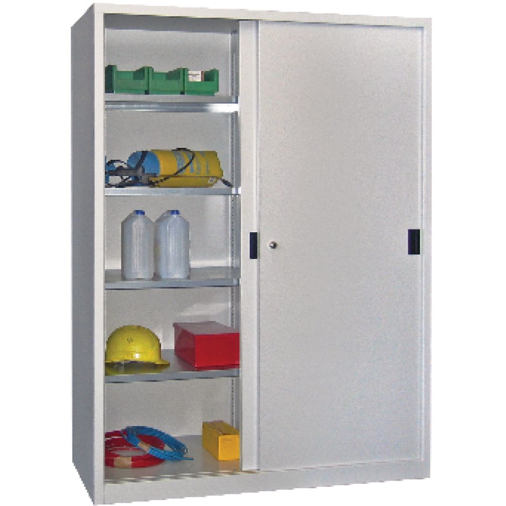 Schiebetürenschrank H1000xB1500xT500mm 4 Böden verz. Mittelwand RAL 7035/5012