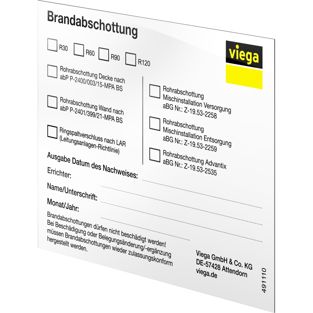 Viega Kennzeichnungsschild Brandschutz 4920.8 für Rohrdurchführung