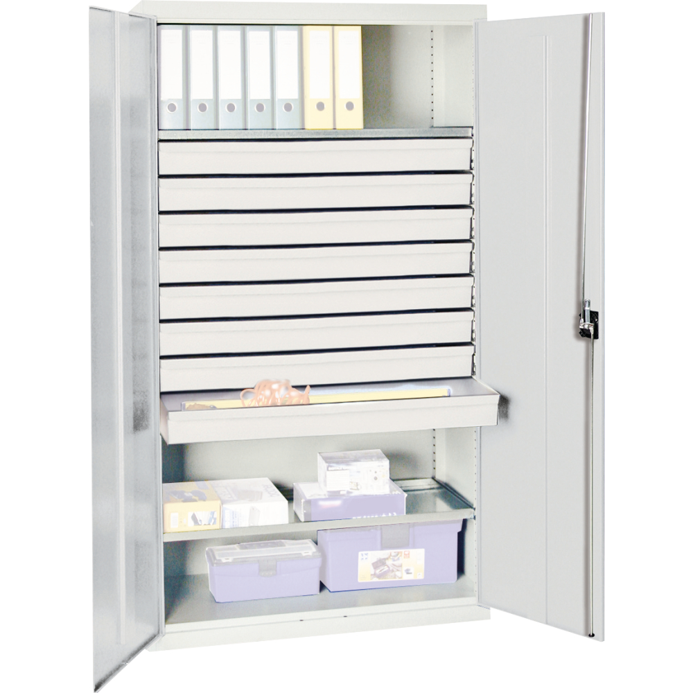 Werkzeugschrank S2000 RAL 7035/5010 2 Wannenböden 8 Schubladen