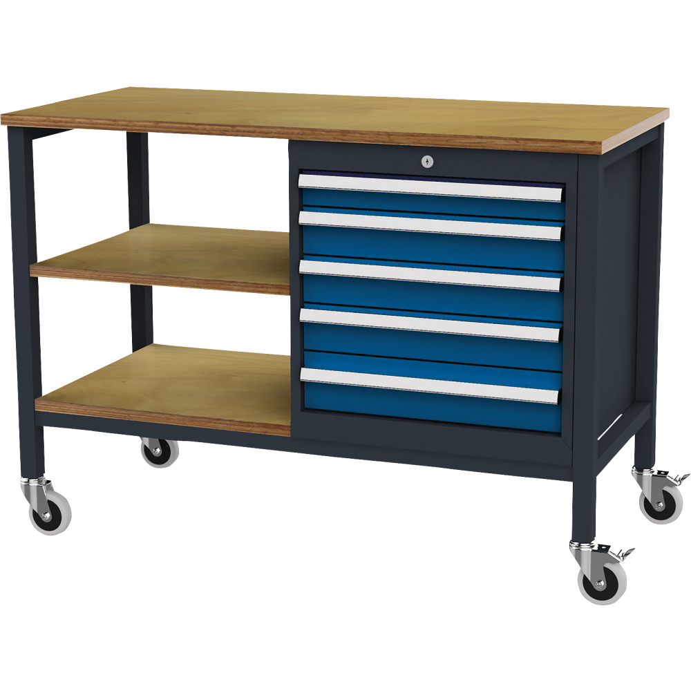 Kastenwerkbank mobil B1300mm 5 Schubladen 2 Böden RAL7035/5010