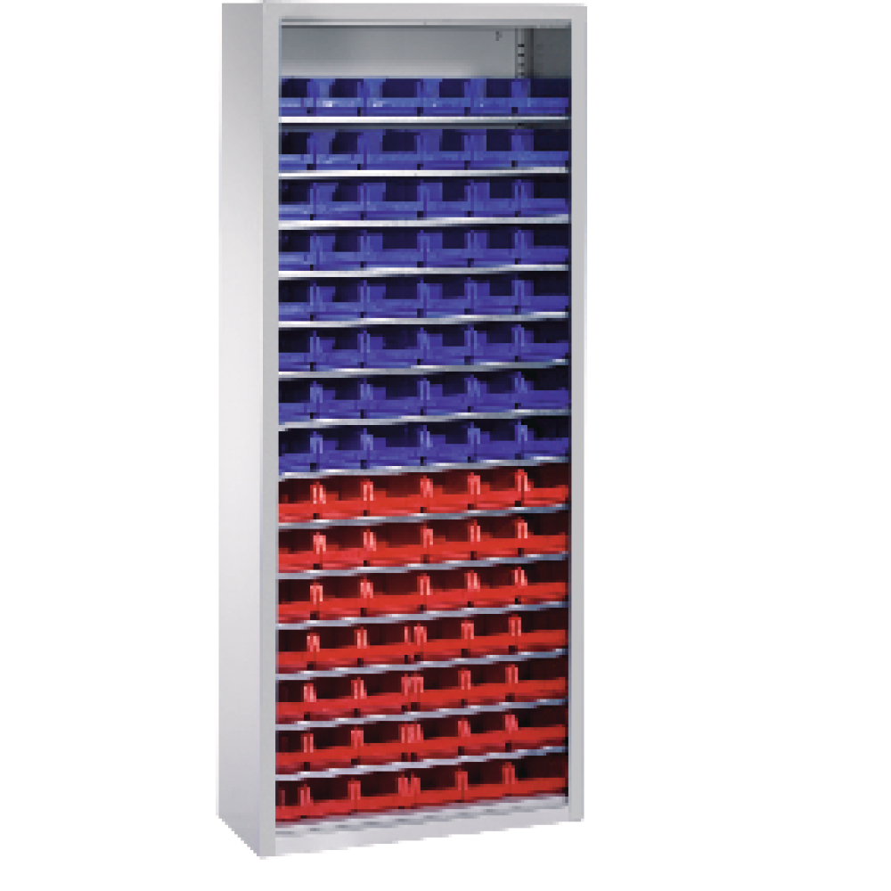 Lager-Regalschrank B700xT300xH1690 mm RAL 7035/5012 mit Türen 14 Fachböden,