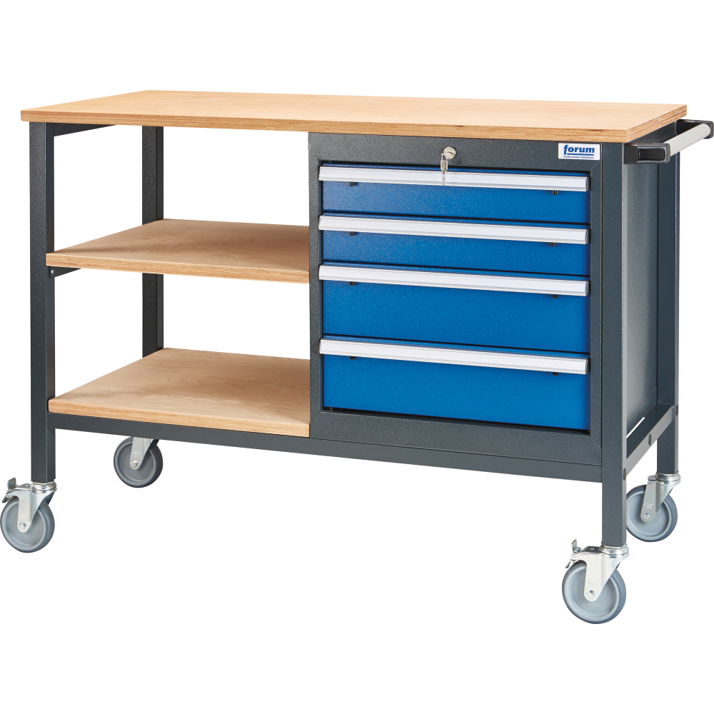 Kastenwerkbank mobil B1300mm 4 Schubladen 2 Böden RAL7016/5010