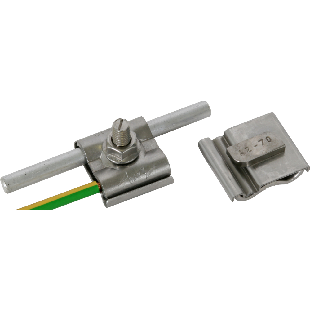 DEHN UNI-Erdungsklemme NIRO V2A mit Hammerkopfschr. u. Sperrzahnmutter M8