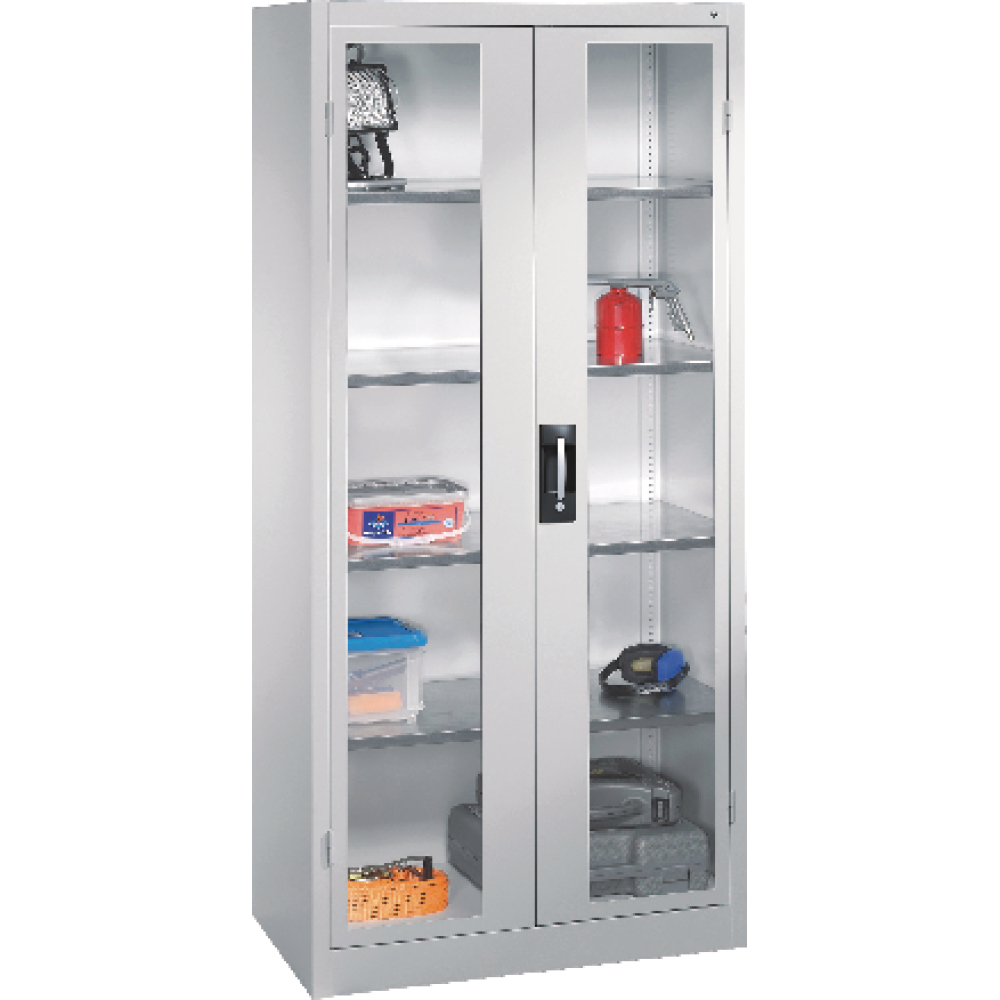 Werkzeugschrank B930xT500xH1950 mm RAL 7035, 4 Fachböden Türen mit Sichtfenster