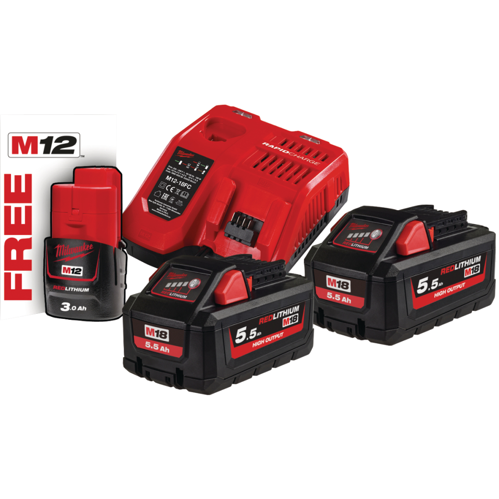 Milwaukee Akku-Starter-Set-18V M18 HNRG-552 2x5,5Ah + M12-18FC